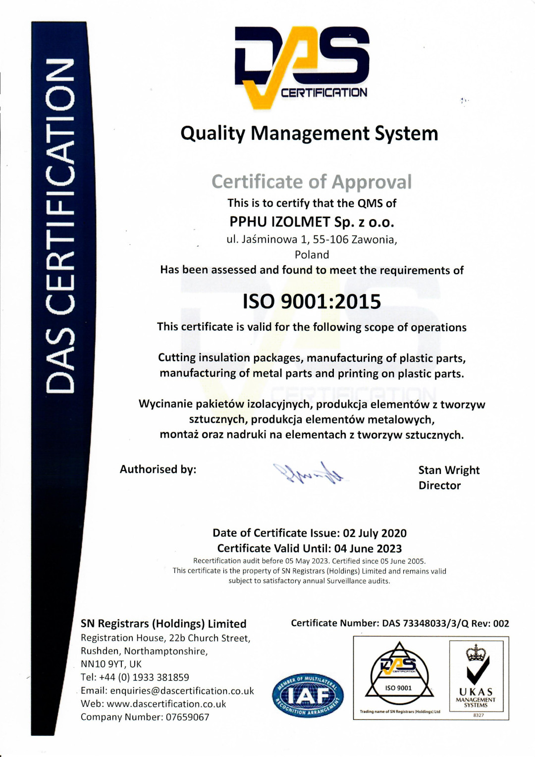 Certyfikat ISO 9001 2015 DAS