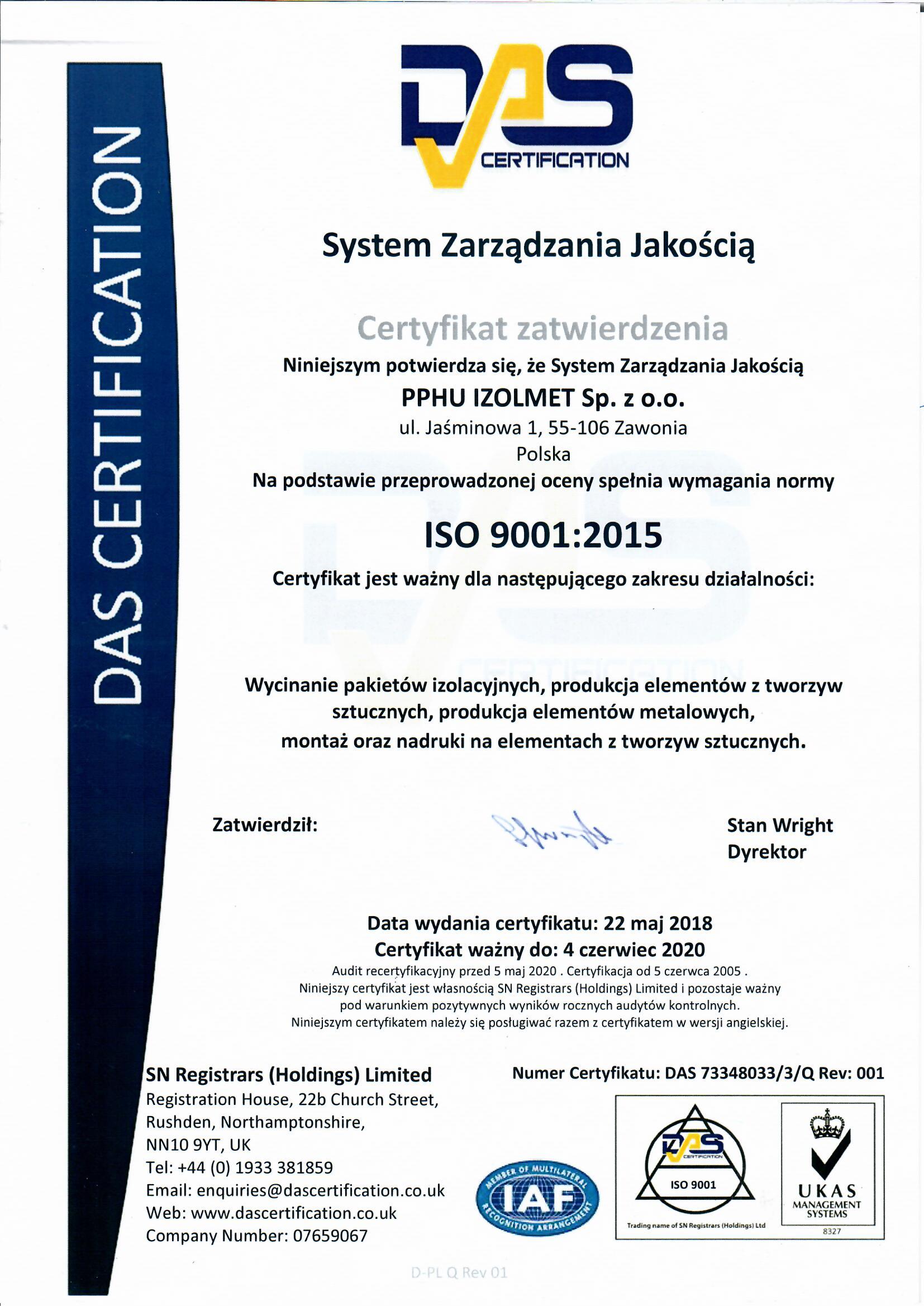 Certyfikat 9001 2015 DAS